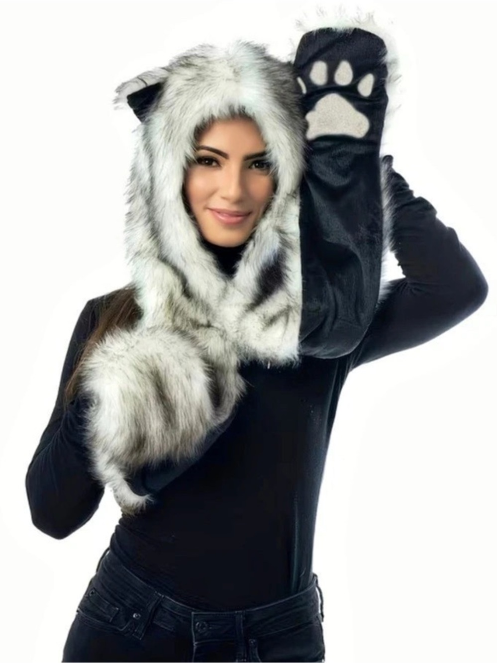 White & Black Cat Hood Scarf with Paw Mittens
